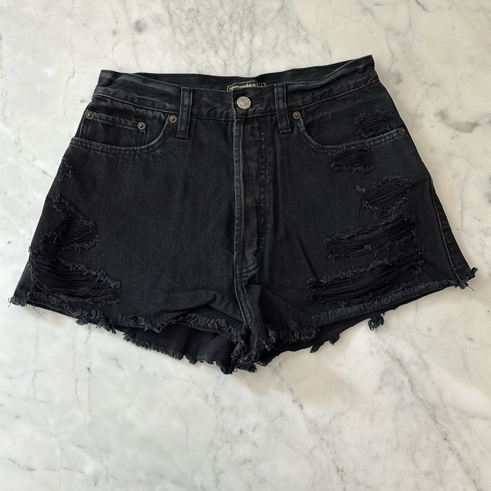 Abercrombie & Fitch High Rise Cheeky Black Distressed Denim Shorts Size 27